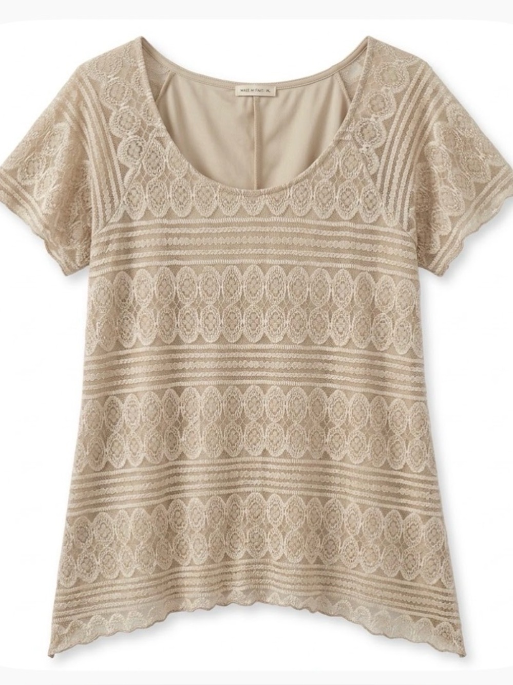 BRITTANY BLACK Lace Overlay Tunic Top, Women’s M, Beige